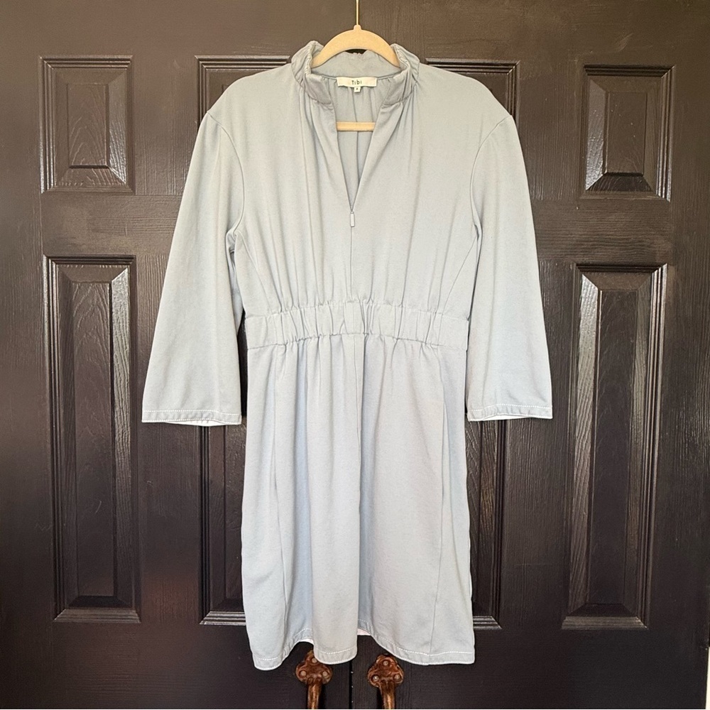 TIBI Mock Neck Stretch Waist Light Blue 3/4 Sleeve Mini Dress 1/4 Zip Up Size 8